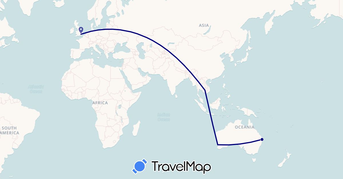 TravelMap itinerary: driving in Australia, United Kingdom, Cambodia (Asia, Europe, Oceania)